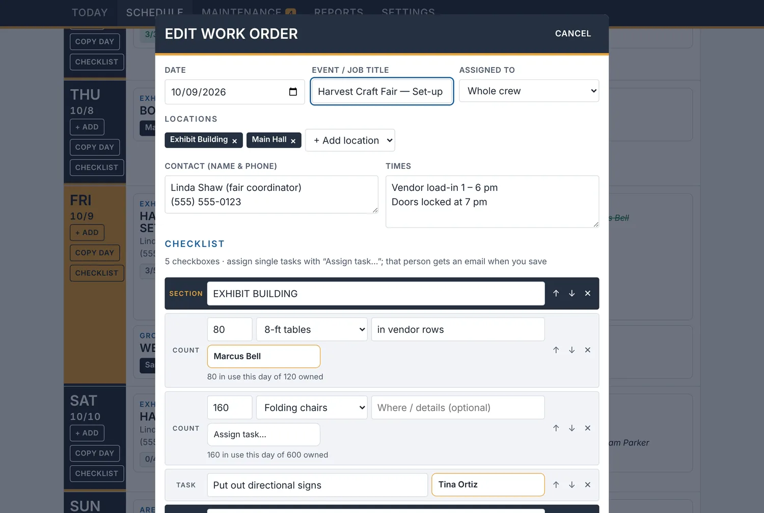 Editing a work order and assigning tasks to crew members