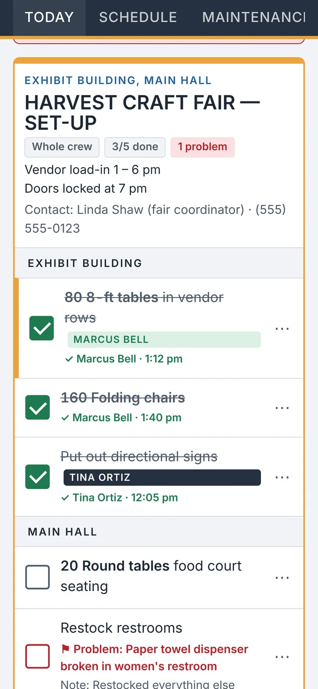 A crew member's checklist with tasks checked off