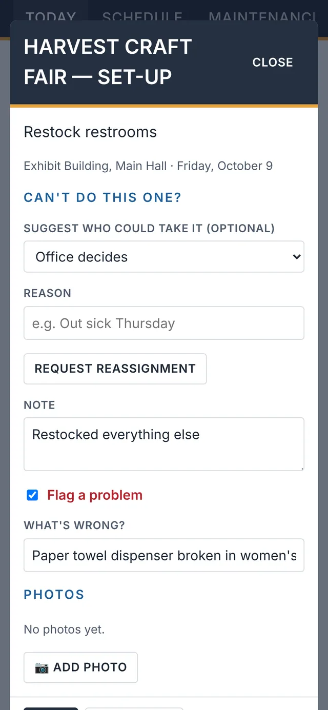 Adding a note and flagging a problem on a task