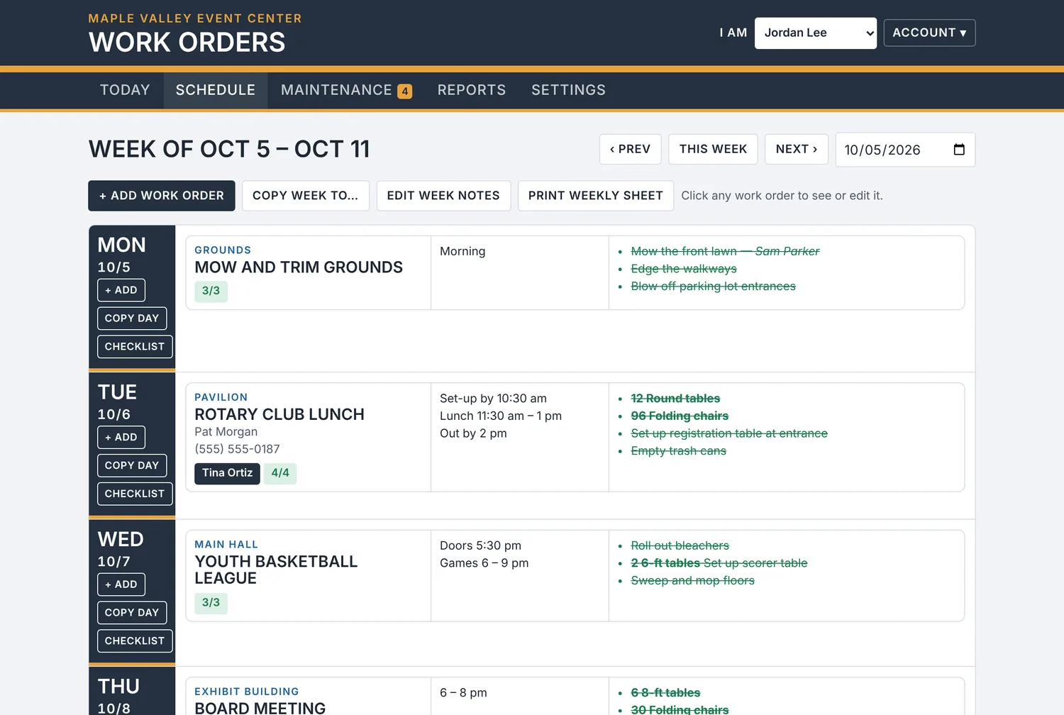 The weekly schedule showing work orders for each day
